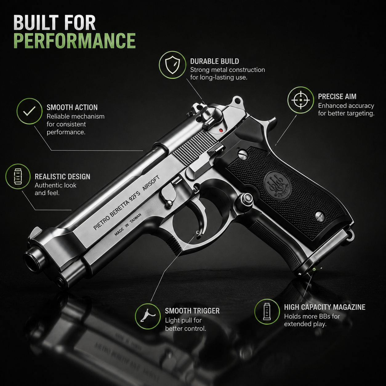 Silver M92 Beretta Airsoft Toy Gun Realistic Design Safe Fun For Play