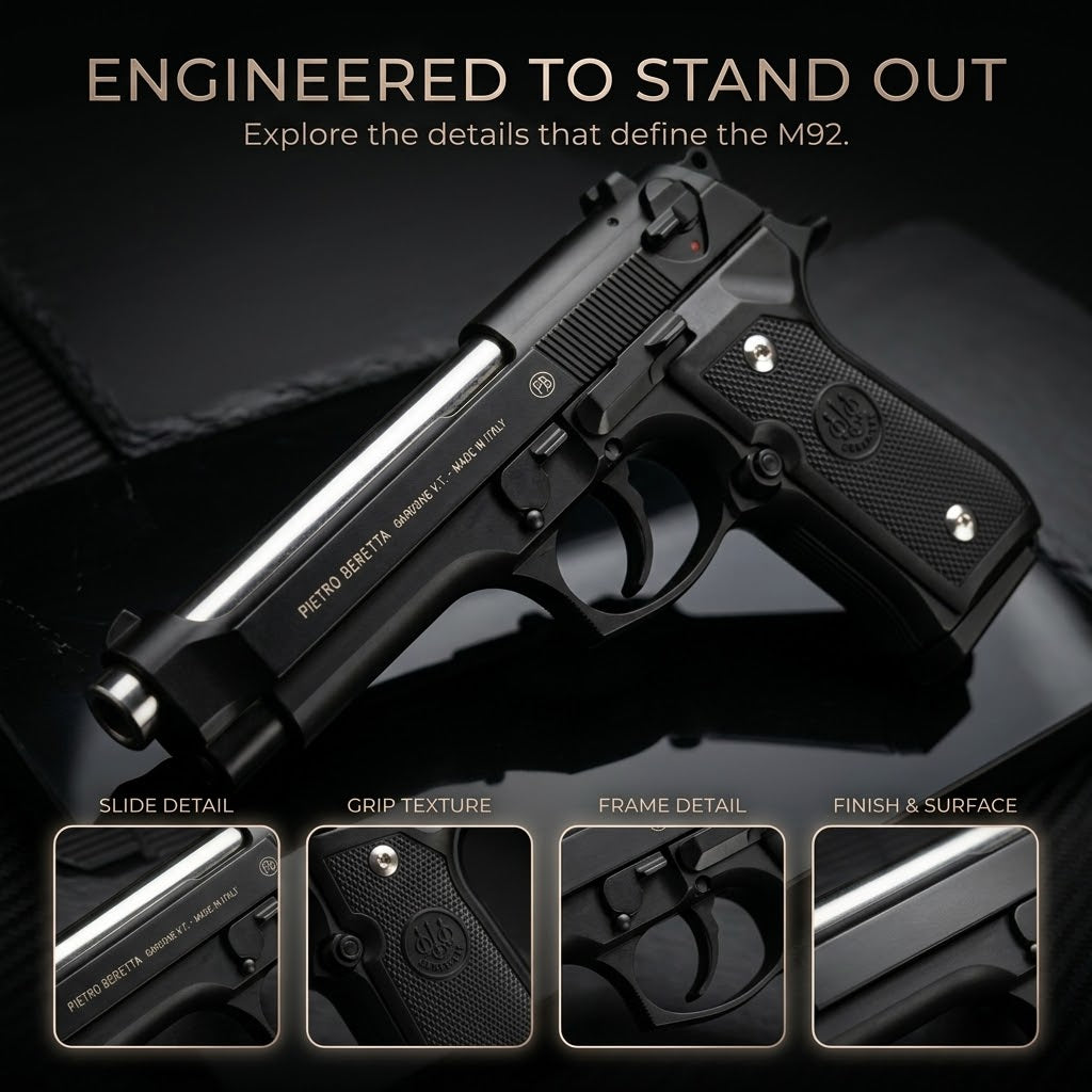 Black M92 Beretta Airsoft Toy Gun Realistic Design Safe Fun For Play