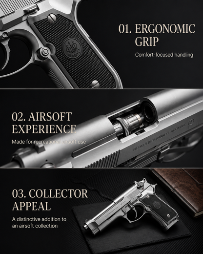 Silver M92 Beretta Airsoft Toy Gun Realistic Design Safe Fun For Play